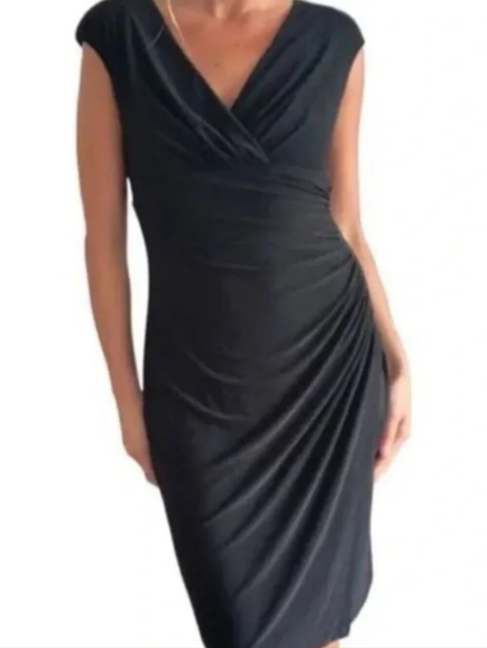 Ralph Lauren Rouched Mid Length V Neck Black Classic Dress Large